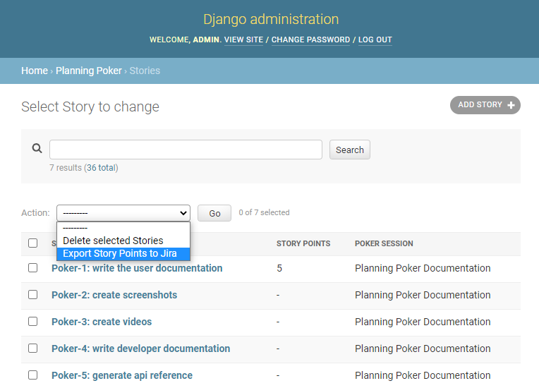 The export story points action is located in the actions dropdown of the story admin page.