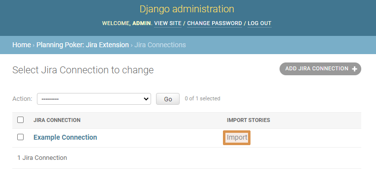 The import link is located on the right side of the Jira Connection admin page.