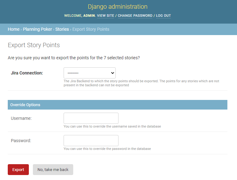 The form for exporting story points.