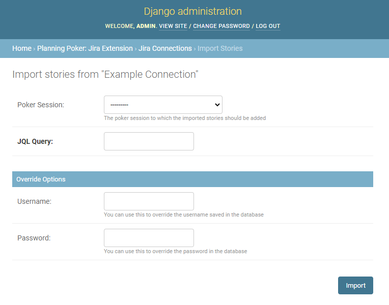 The form for importing stories.